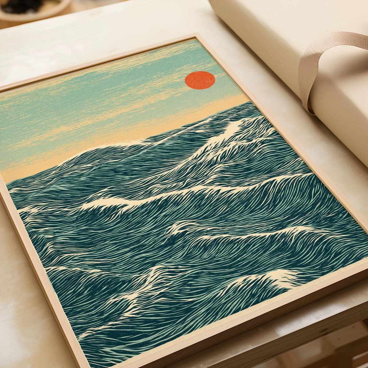 Red Sun Ocean Art Print – Japanese Seascape Wall Art — framed art print closeup gift unwrapped natural frame