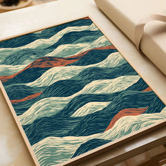 Linocut Style Ocean Art Print – Japanese Wave Pattern Wall Art — framed art print closeup gift unwrapped natural frame