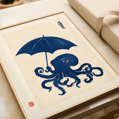 Octopus with Umbrella Art Print – Blue Japanese Wall Art — framed art print closeup gift unwrapped natural frame