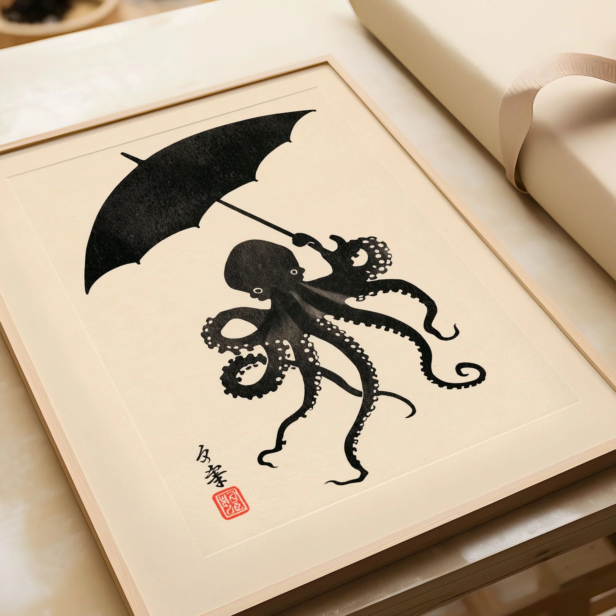 Octopus Umbrella Wall Art – Black Japanese Woodblock Print — framed art print closeup gift unwrapped natural frame
