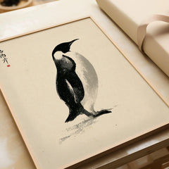 Penguin Art Print – Japanese Ink Wall Art — framed art print closeup gift unwrapped natural frame