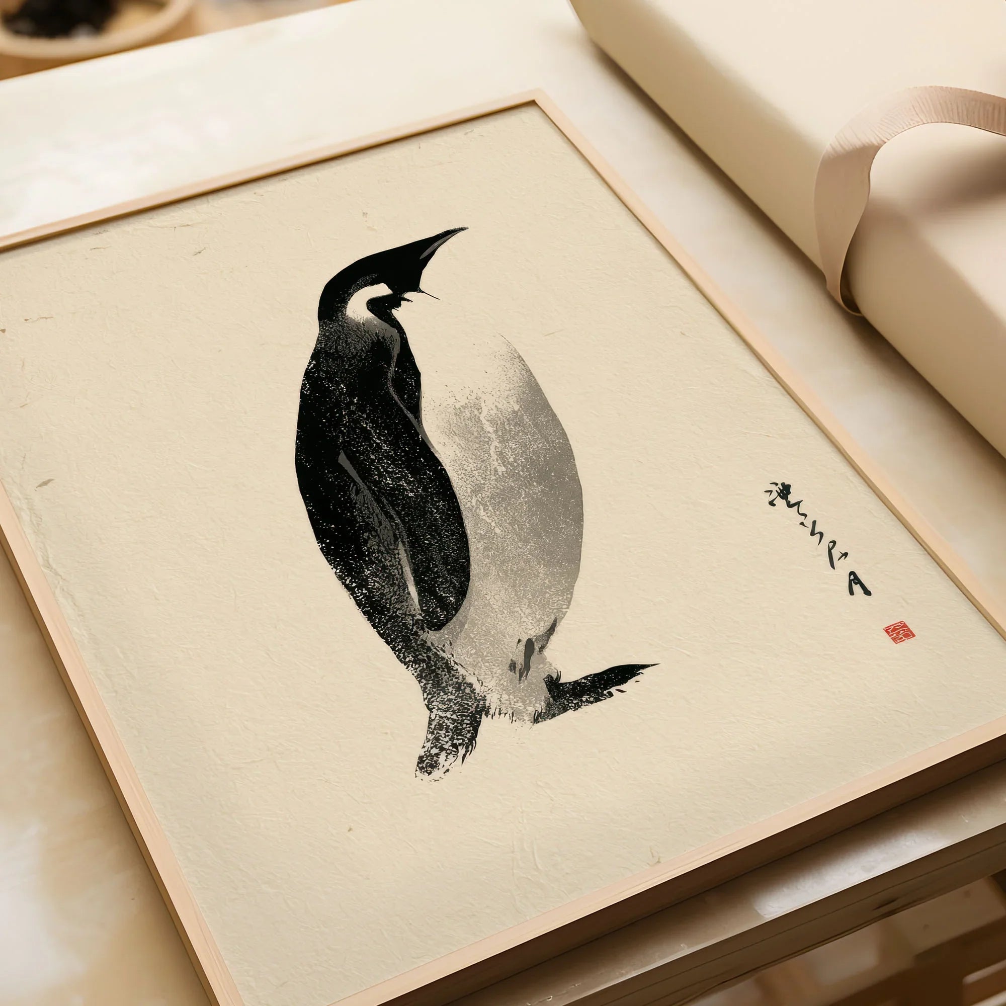 Emperor Penguin Wall Art – Vintage Japanese Ink Print — framed art print closeup gift unwrapped natural frame
