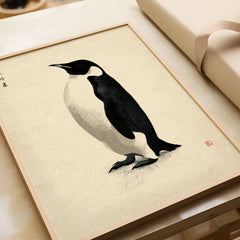 Penguin Wall Art – Minimalist Japanese Ink Art Print — framed art print closeup gift unwrapped natural frame