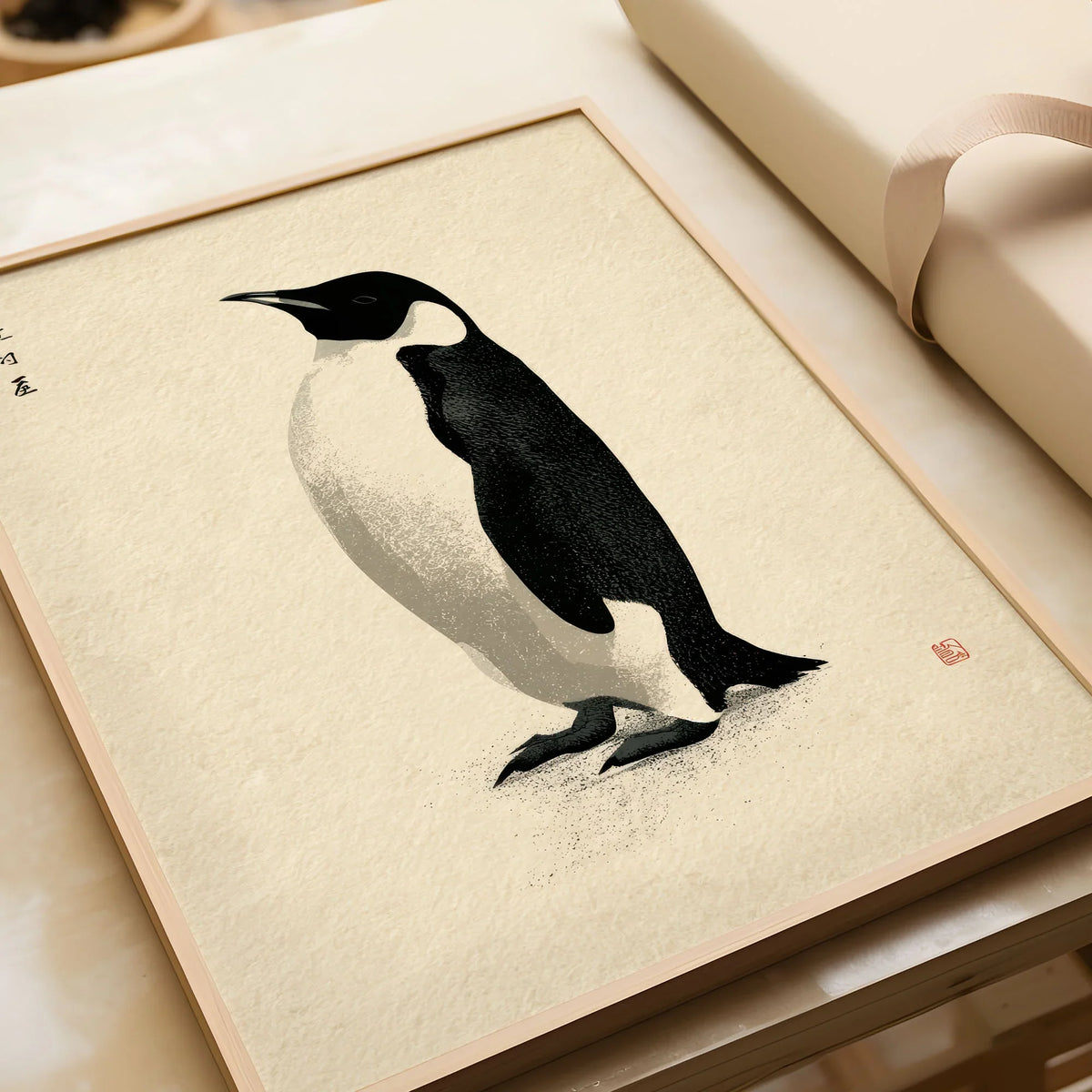 Penguin Wall Art – Minimalist Japanese Ink Art Print — framed art print closeup gift unwrapped natural frame