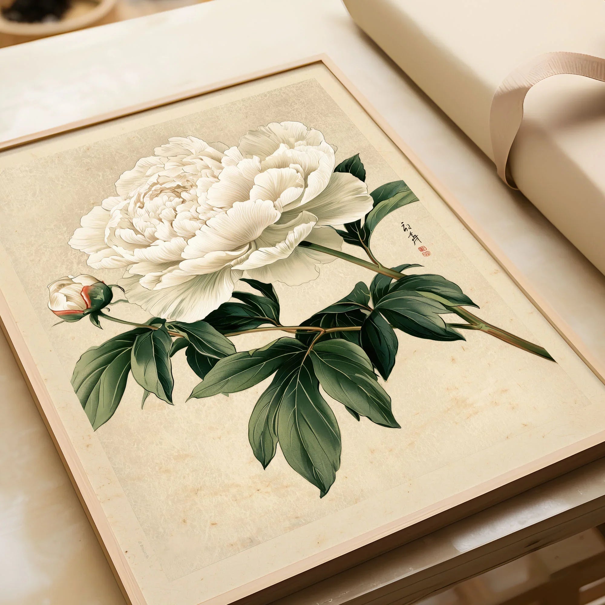 White Peony Art Print – Vintage Japanese Botanical Wall Art — framed art print closeup gift unwrapped natural frame