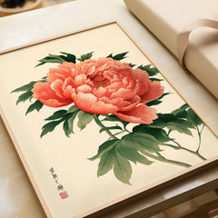 Coral Peony Art Print – Japanese Botanical Wall Art — framed art print closeup gift unwrapped natural frame
