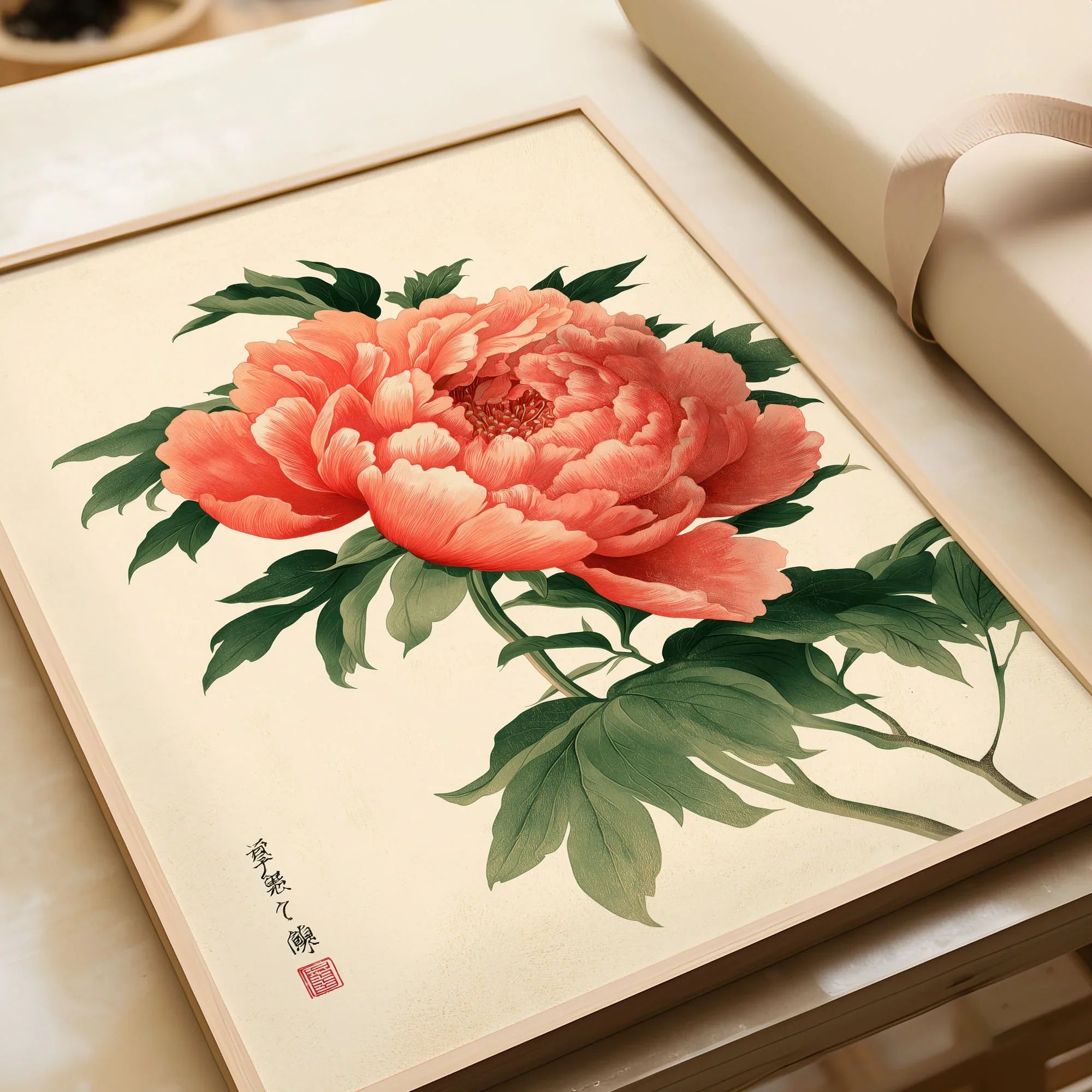 Coral Peony Art Print – Japanese Botanical Wall Art — framed art print closeup gift unwrapped natural frame
