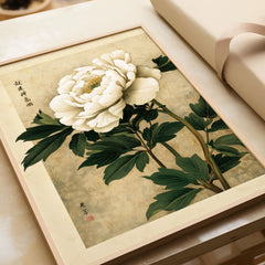 Peony Wall Art – Vintage Japanese Flower Print — framed art print closeup gift unwrapped natural frame