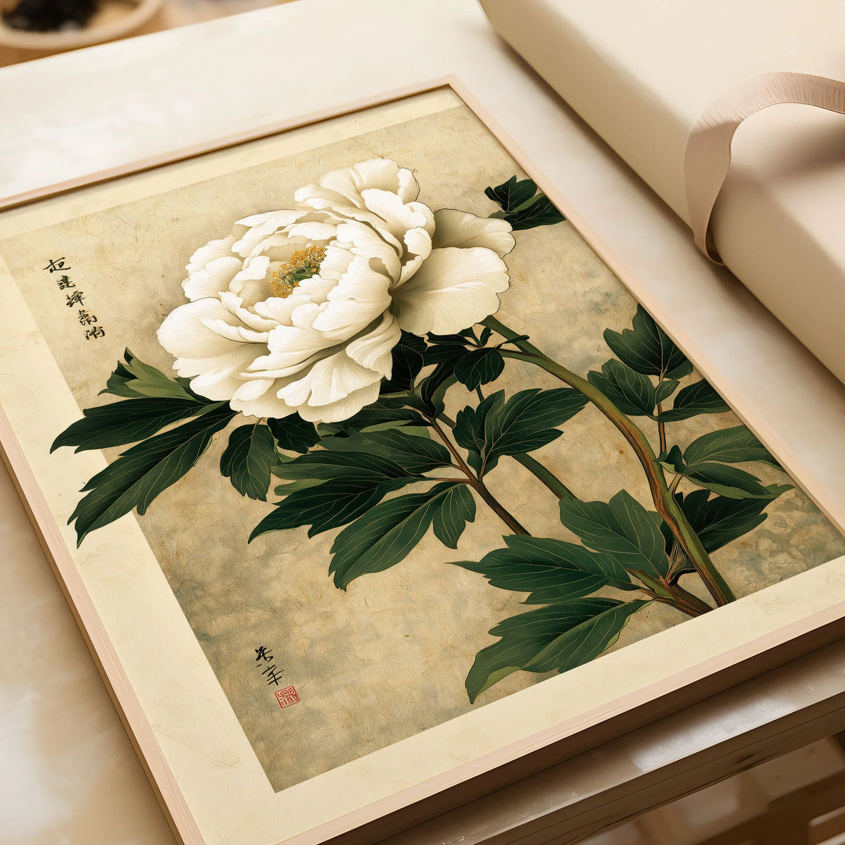 Peony Wall Art – Vintage Japanese Flower Print — framed art print closeup gift unwrapped natural frame