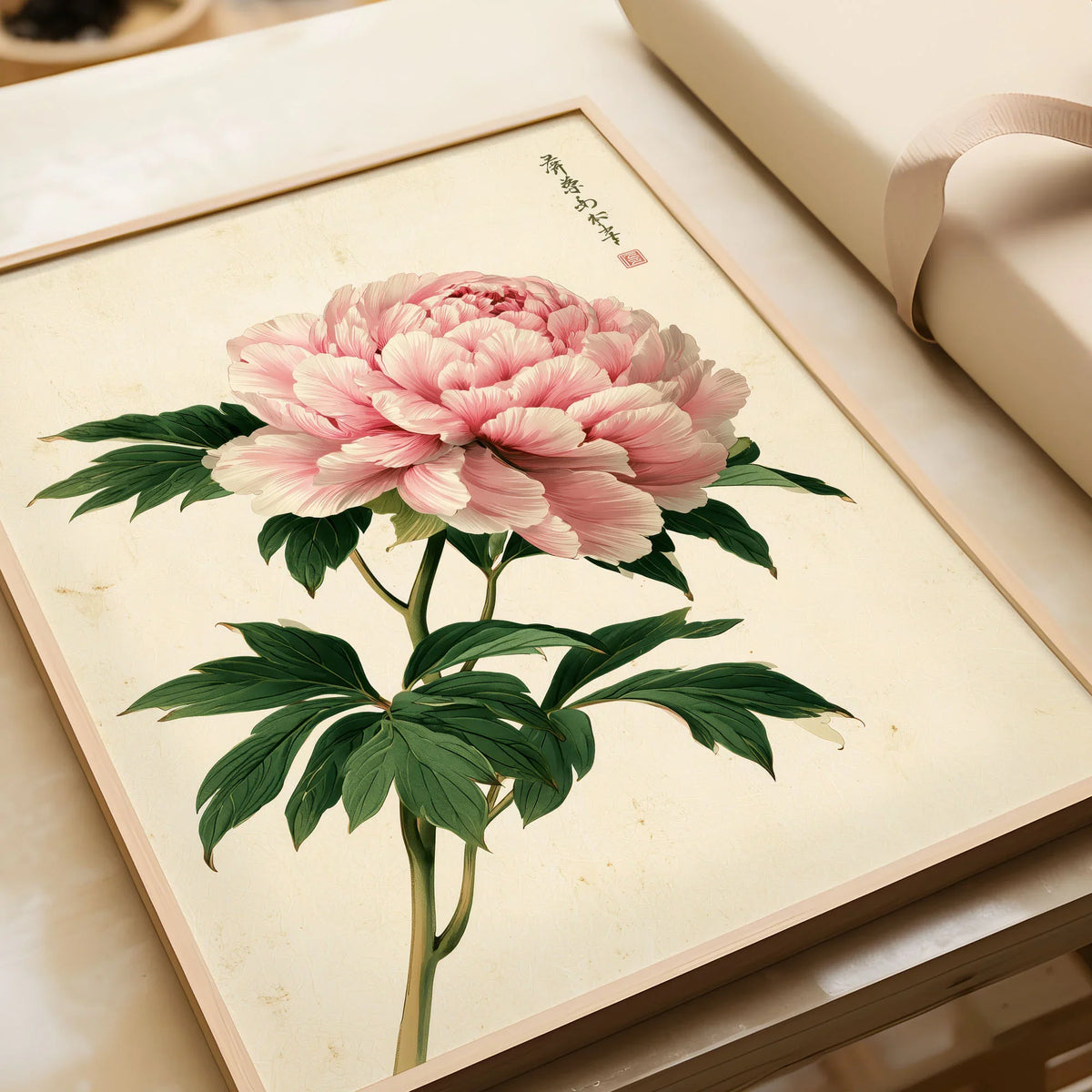 Pink Peony Art Print – Japanese Botanical Wall Art — framed art print closeup gift unwrapped natural frame