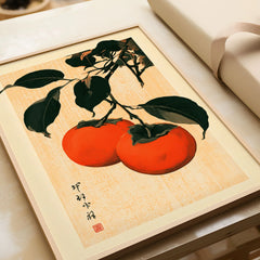 Persimmon Art Print – Japanese Botanical Kitchen Wall Art — framed art print closeup gift unwrapped natural frame