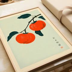 Persimmon Wall Art – Vintage Japanese Fruit Print — framed art print closeup gift unwrapped natural frame