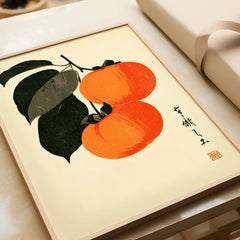 Japanese Persimmon Art Print – Vintage Fruit Wall Art — framed art print closeup gift unwrapped natural frame