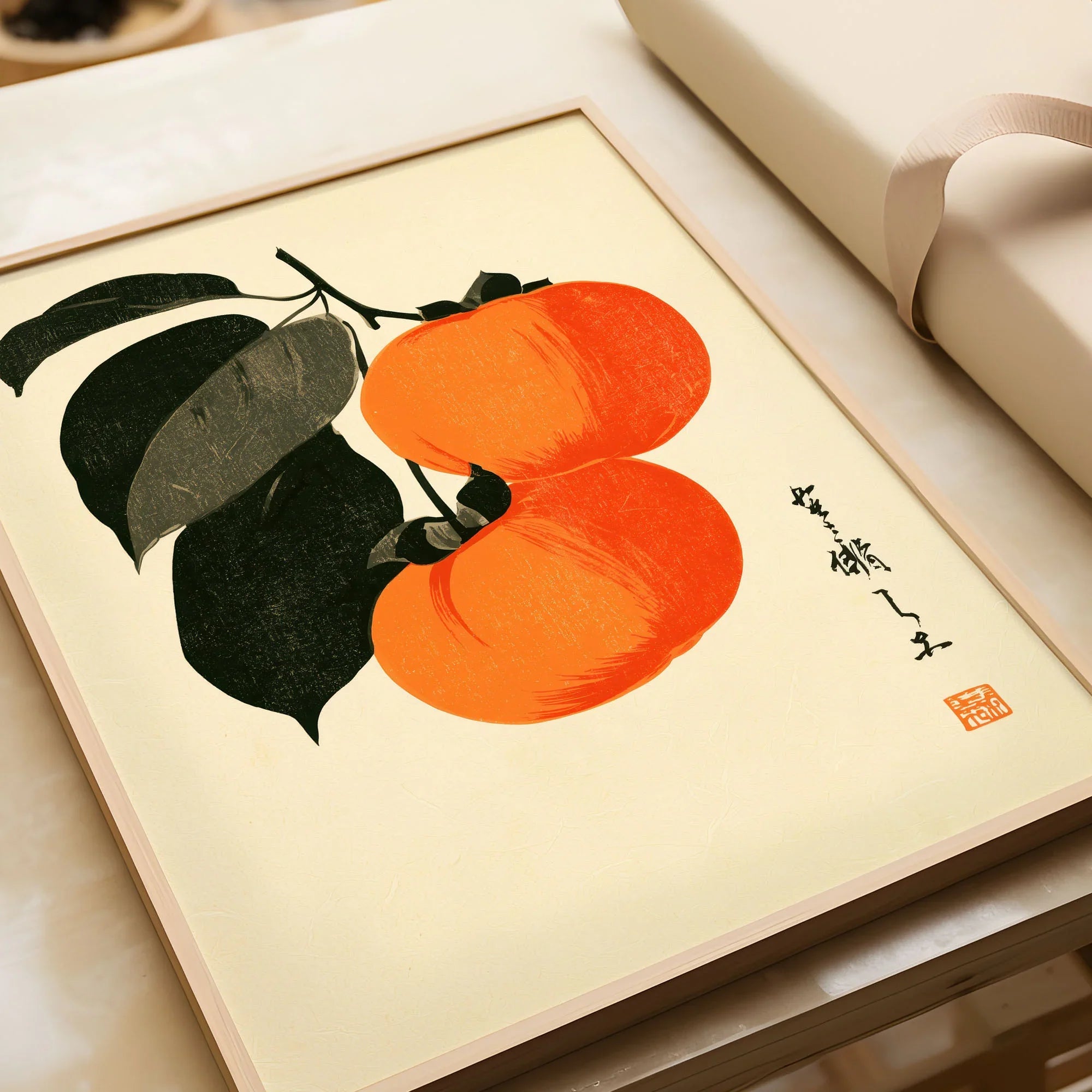 Japanese Persimmon Art Print – Vintage Fruit Wall Art — framed art print closeup gift unwrapped natural frame