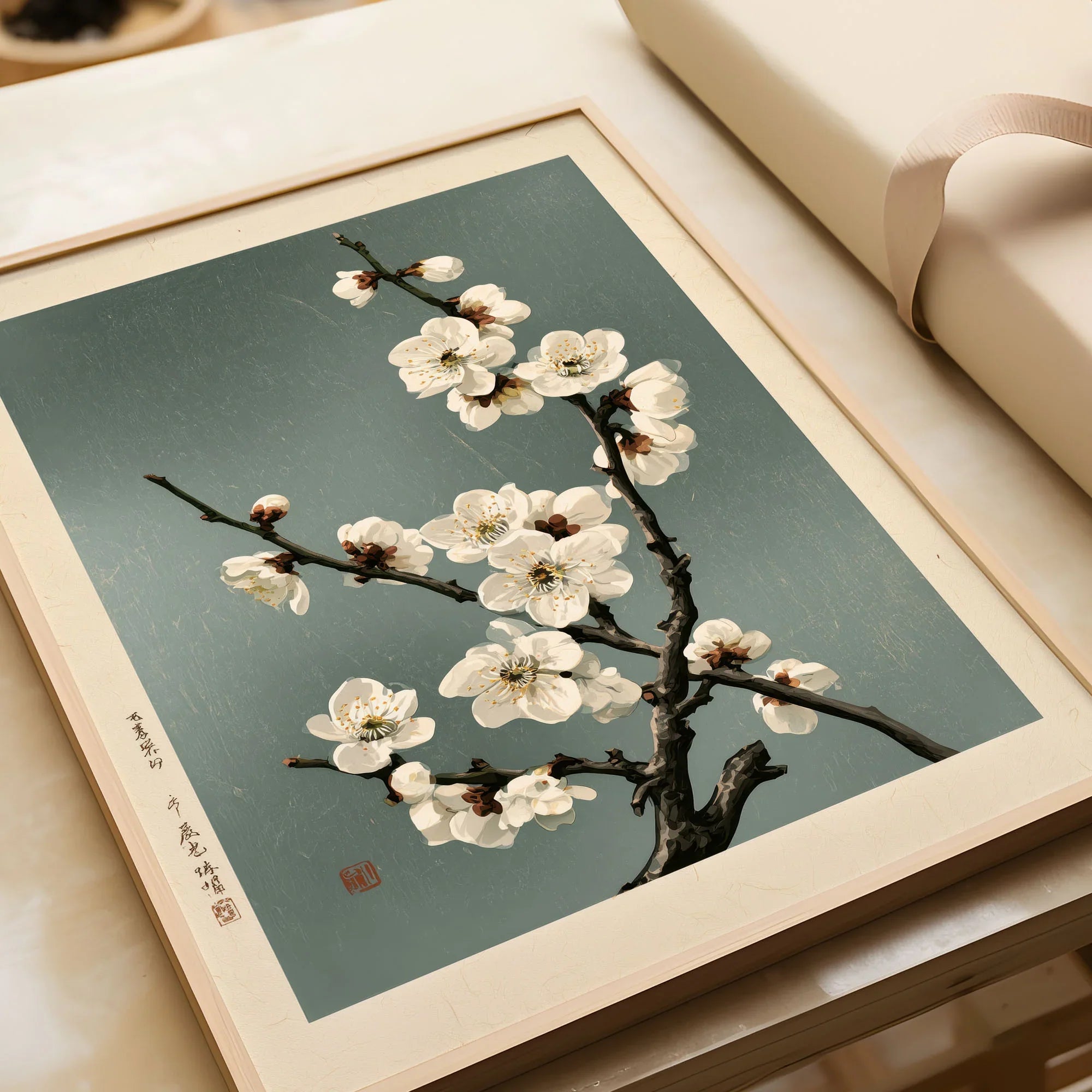 White Plum Blossom Art Print – Japanese Botanical Wall Art — framed art print closeup gift unwrapped natural frame