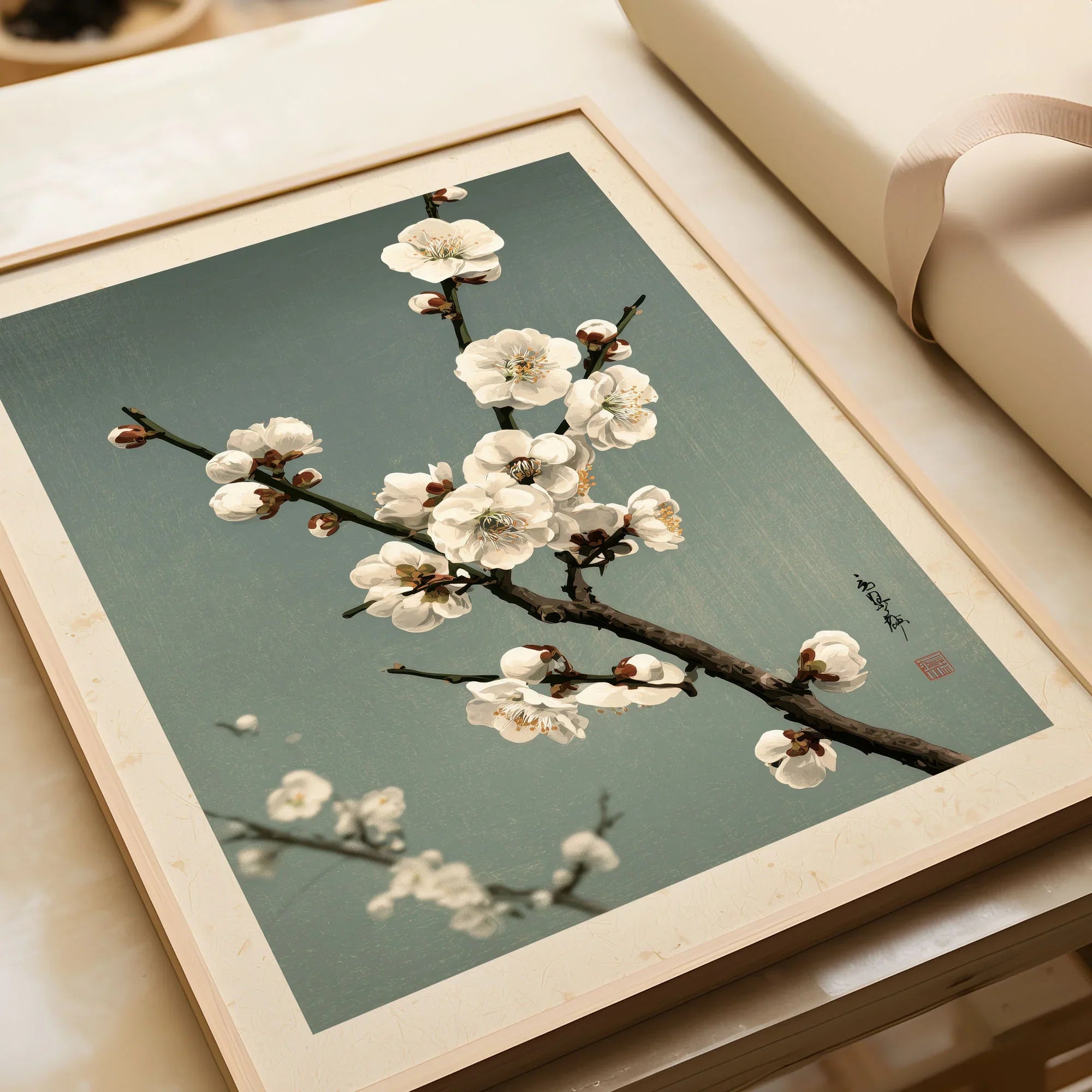 Plum Blossom Wall Art – Vintage Japanese Botanical Print — framed art print closeup gift unwrapped natural frame