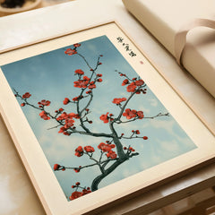 Red Plum Blossom Art Print – Blue Japanese Wall Art — framed art print closeup gift unwrapped natural frame
