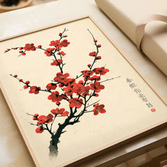Red Blossom Art Print – Vintage Japanese Plum Wall Art — framed art print closeup gift unwrapped natural frame