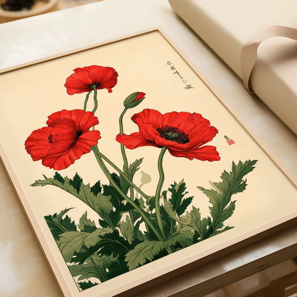 Red Poppy Art Print – Japanese Botanical Wall Art — framed art print closeup gift unwrapped natural frame