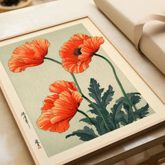 Orange Poppy Art Print – Vintage Japanese Floral Wall Art — framed art print closeup gift unwrapped natural frame