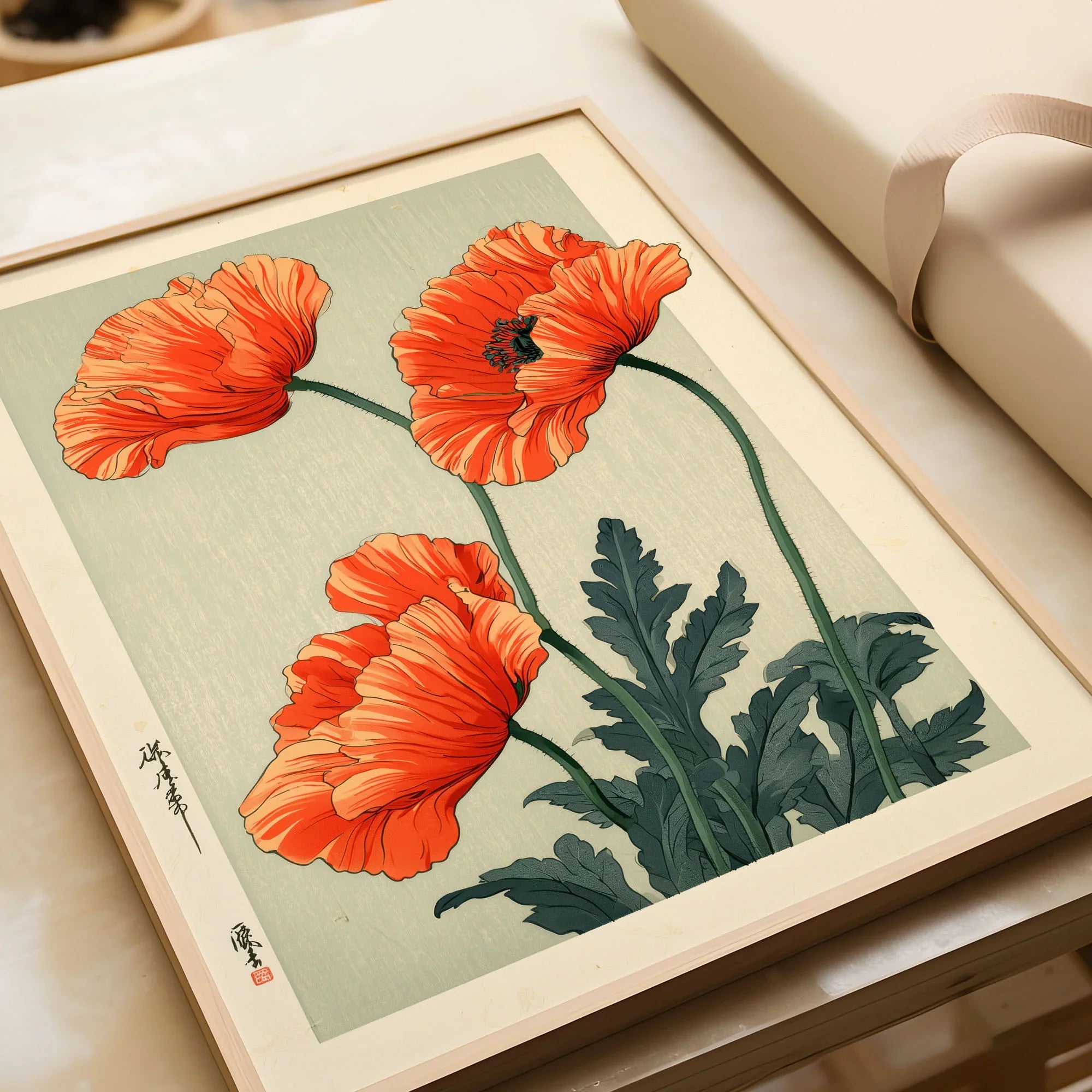 Orange Poppy Art Print – Vintage Japanese Floral Wall Art — framed art print closeup gift unwrapped natural frame