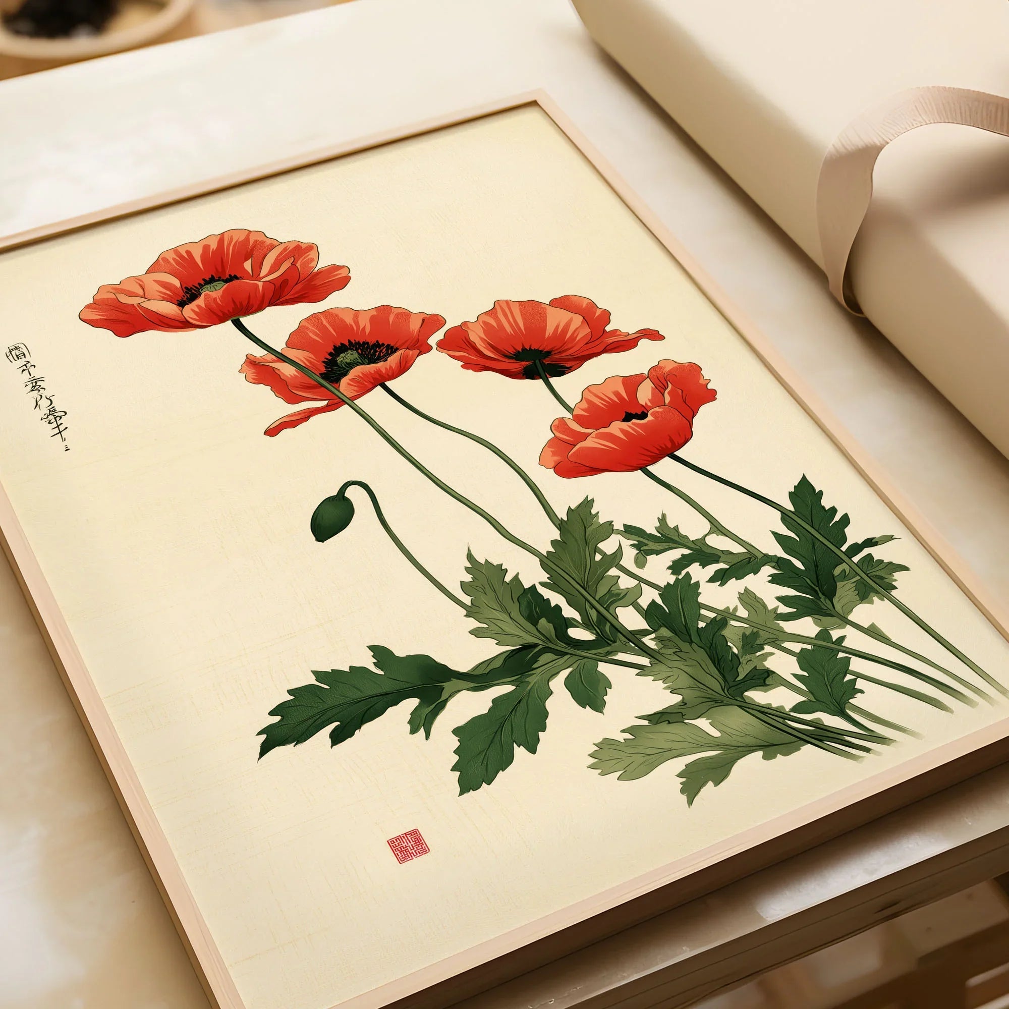 Poppy Wall Art – Vintage Japanese Botanical Print — framed art print closeup gift unwrapped natural frame