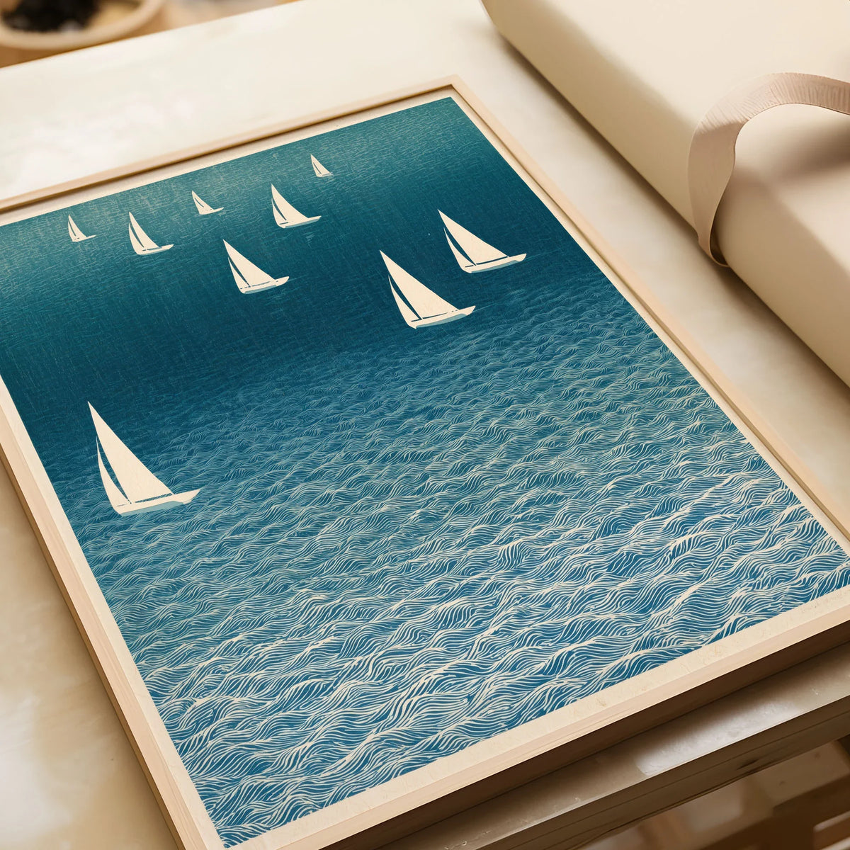 Sailing Boats Art Print – Blue Japanese Coastal Wall Art — framed art print closeup gift unwrapped natural frame