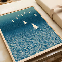 Sailboat Wall Art – Japanese Blue Ocean Print — framed art print closeup gift unwrapped natural frame