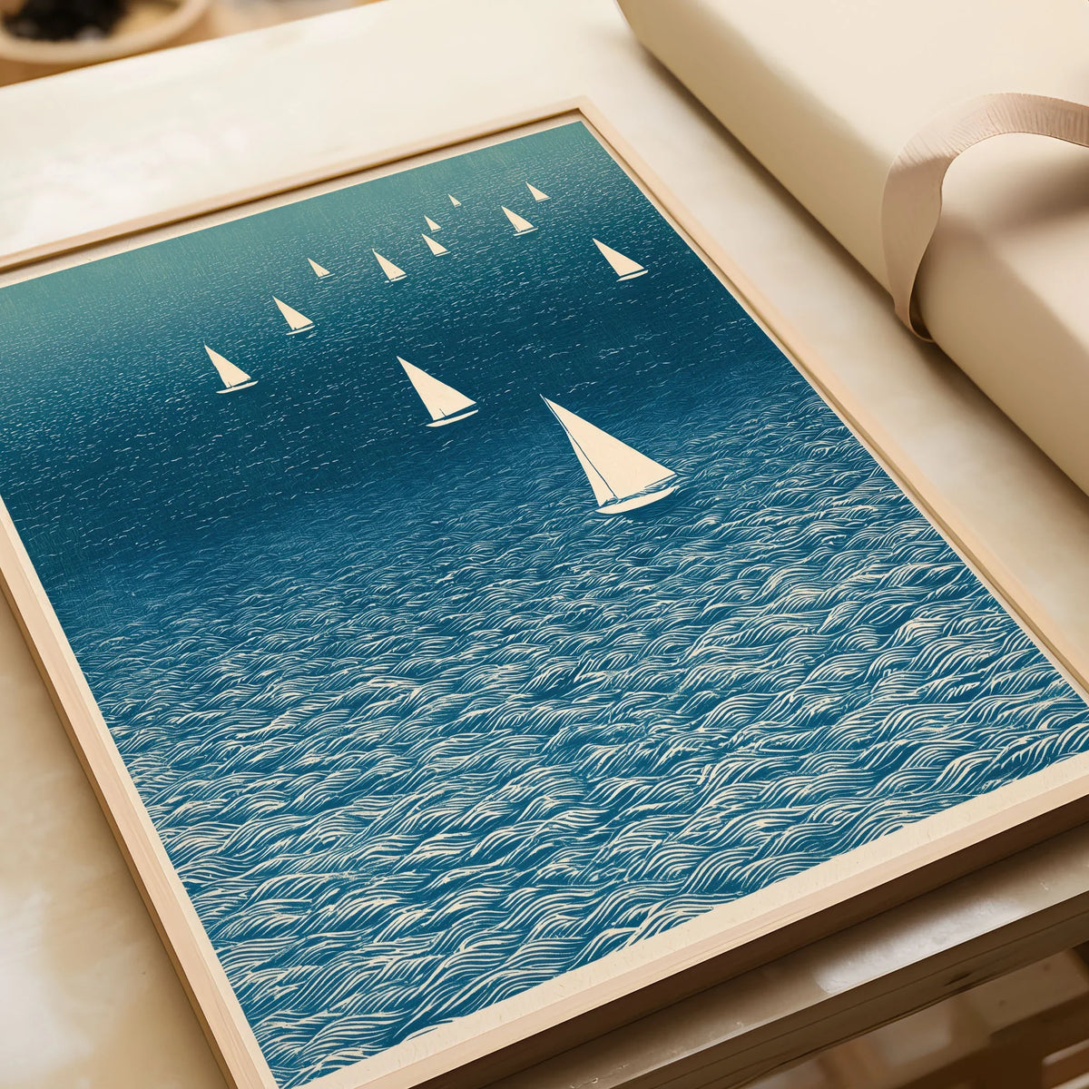 Sailboat Wall Art – Japanese Blue Ocean Print — framed art print closeup gift unwrapped natural frame