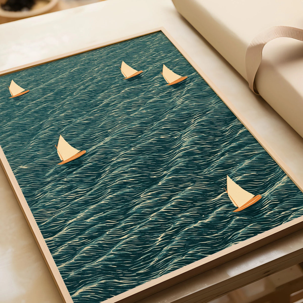 Sailing Boats Wall Art – Vintage Japanese Coastal Print — framed art print closeup gift unwrapped natural frame