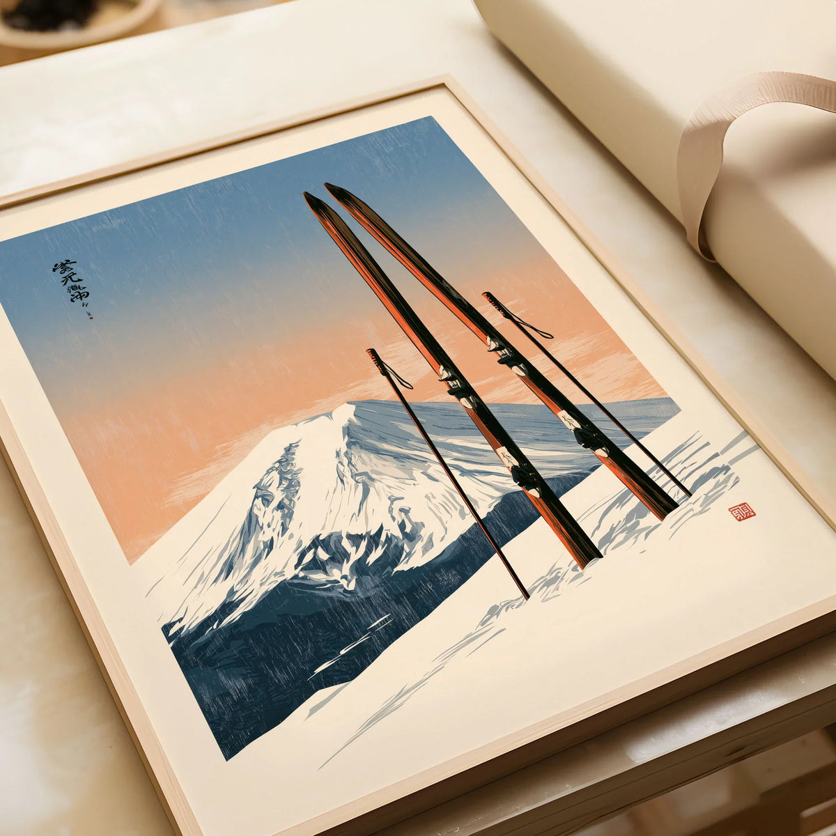 Vintage Ski Poster – Mount Fuji Japanese Alpine Wall Art — framed art print closeup gift unwrapped natural frame