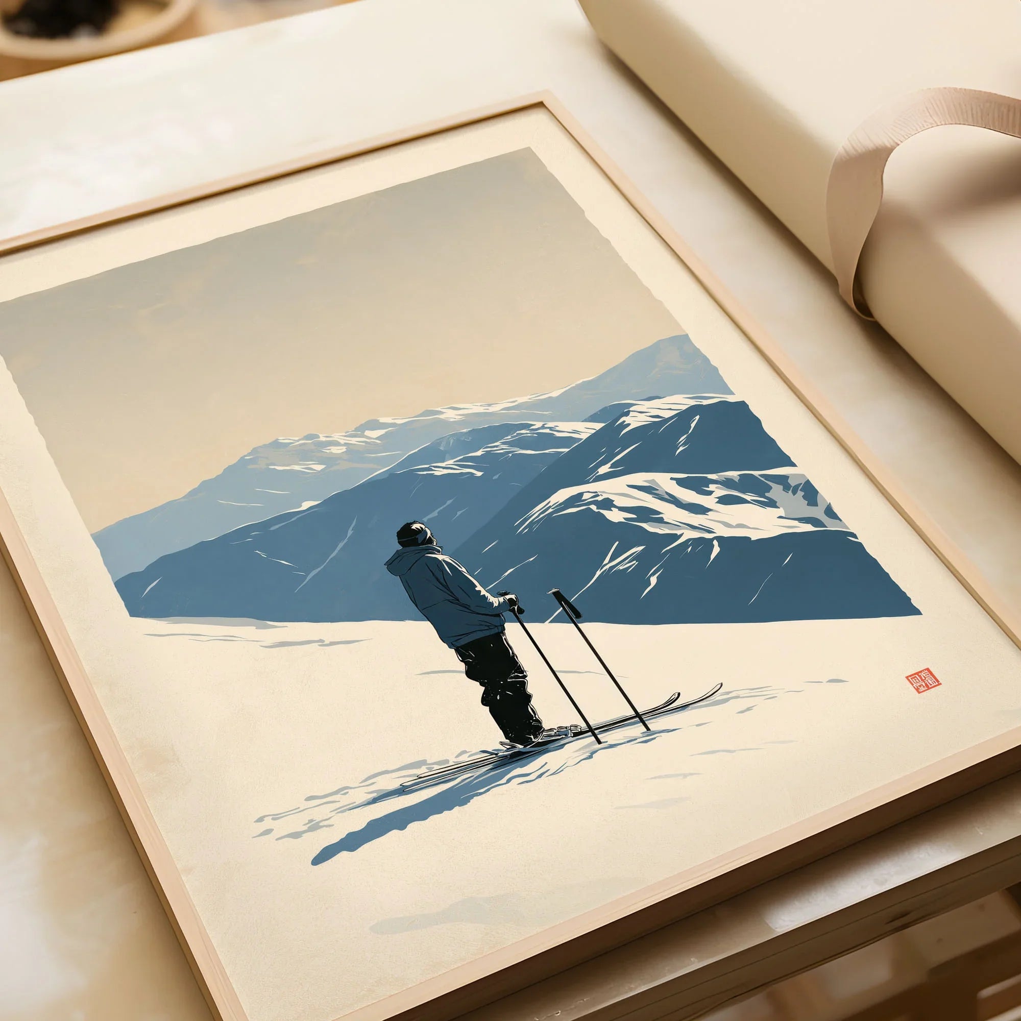 Ski Poster – Vintage Mountain Skier Wall Art — framed art print closeup gift unwrapped natural frame