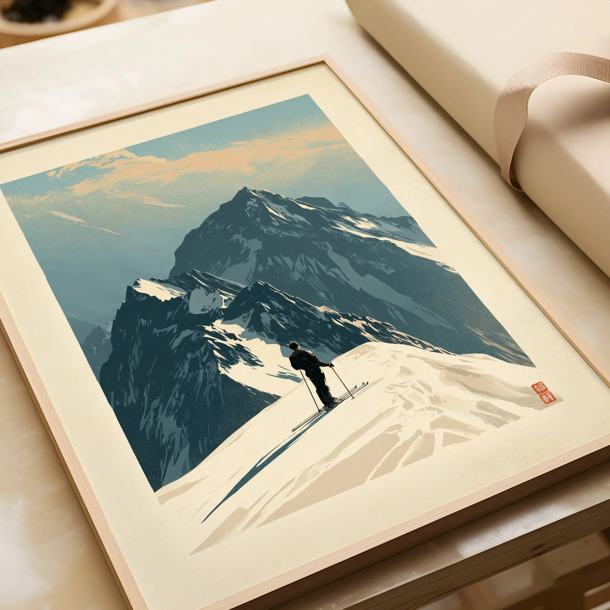 Ski Mountaineering Print – Vintage Alpine Summit Wall Art — framed art print closeup gift unwrapped natural frame