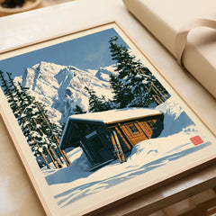 Ski Cabin Art Print – Vintage Alpine Chalet Wall Art — framed art print closeup gift unwrapped natural frame