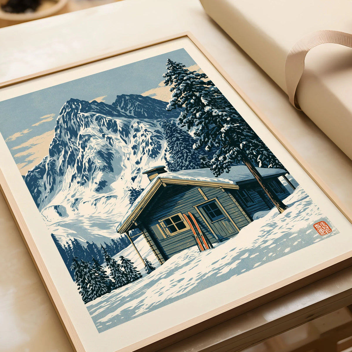Ski Hut Poster – Vintage Alpine Cabin Wall Art — framed art print closeup gift unwrapped natural frame