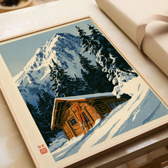 Log Cabin Ski Print – Vintage Alpine Lodge Wall Art — framed art print closeup gift unwrapped natural frame