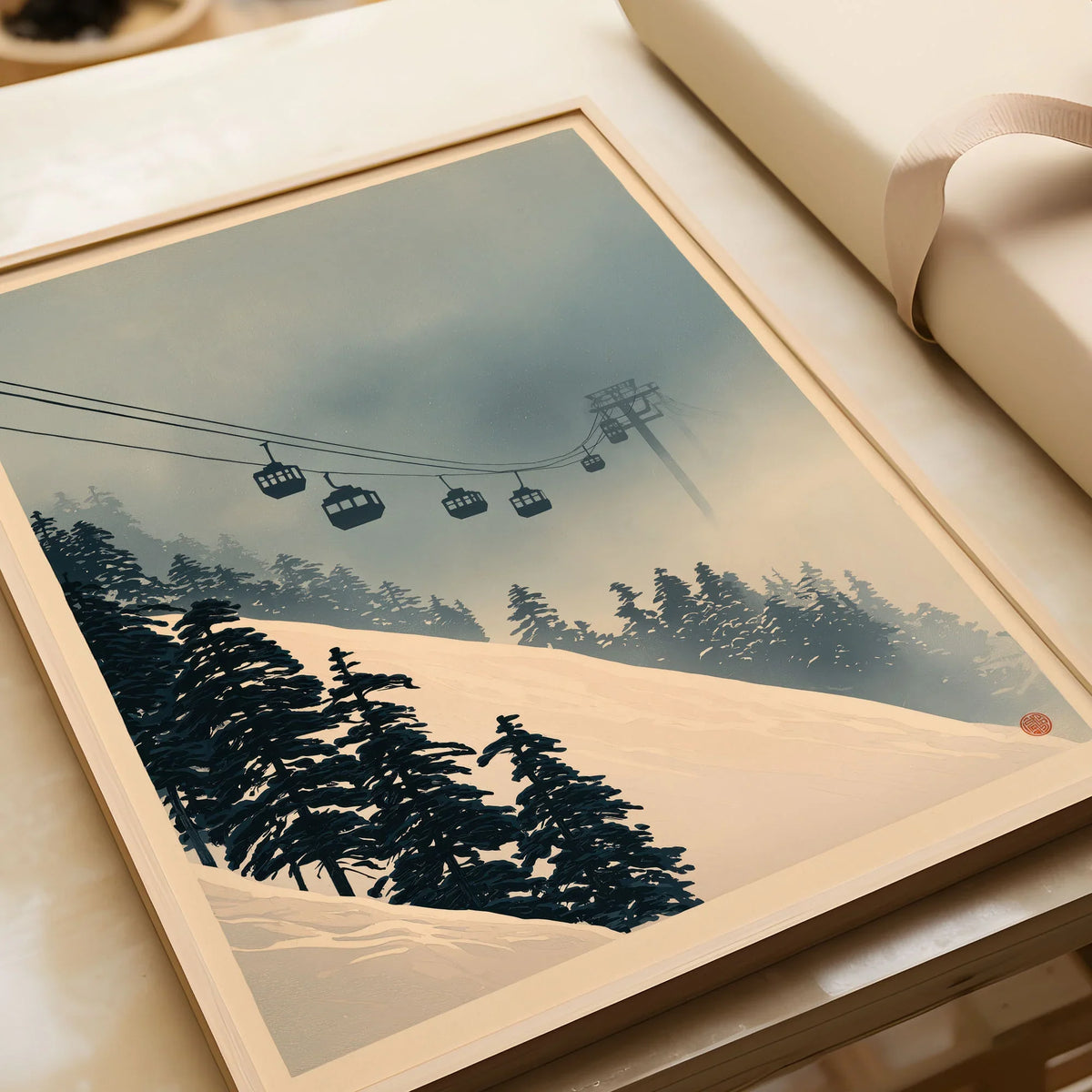 Misty Ski Lift Art Print – Vintage Alpine Gondola Wall Art — framed art print closeup gift unwrapped natural frame