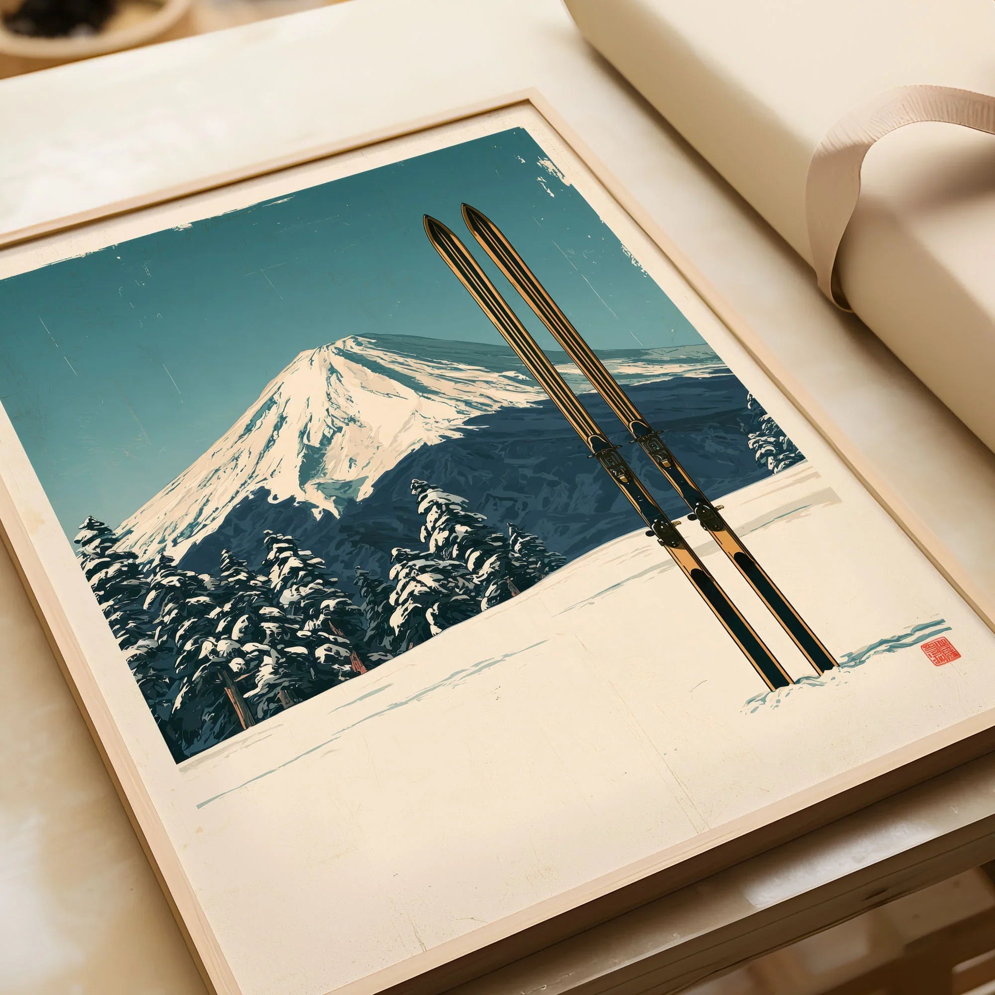 Mount Fuji Ski Poster – Vintage Japanese Alpine Print — framed art print closeup gift unwrapped natural frame