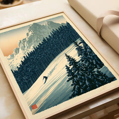 Alpine Ski Poster – Vintage Mountain Forest Wall Art — framed art print closeup gift unwrapped natural frame