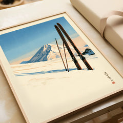 Vintage Ski Print – Japanese Woodblock Mountain Wall Art — framed art print closeup gift unwrapped natural frame