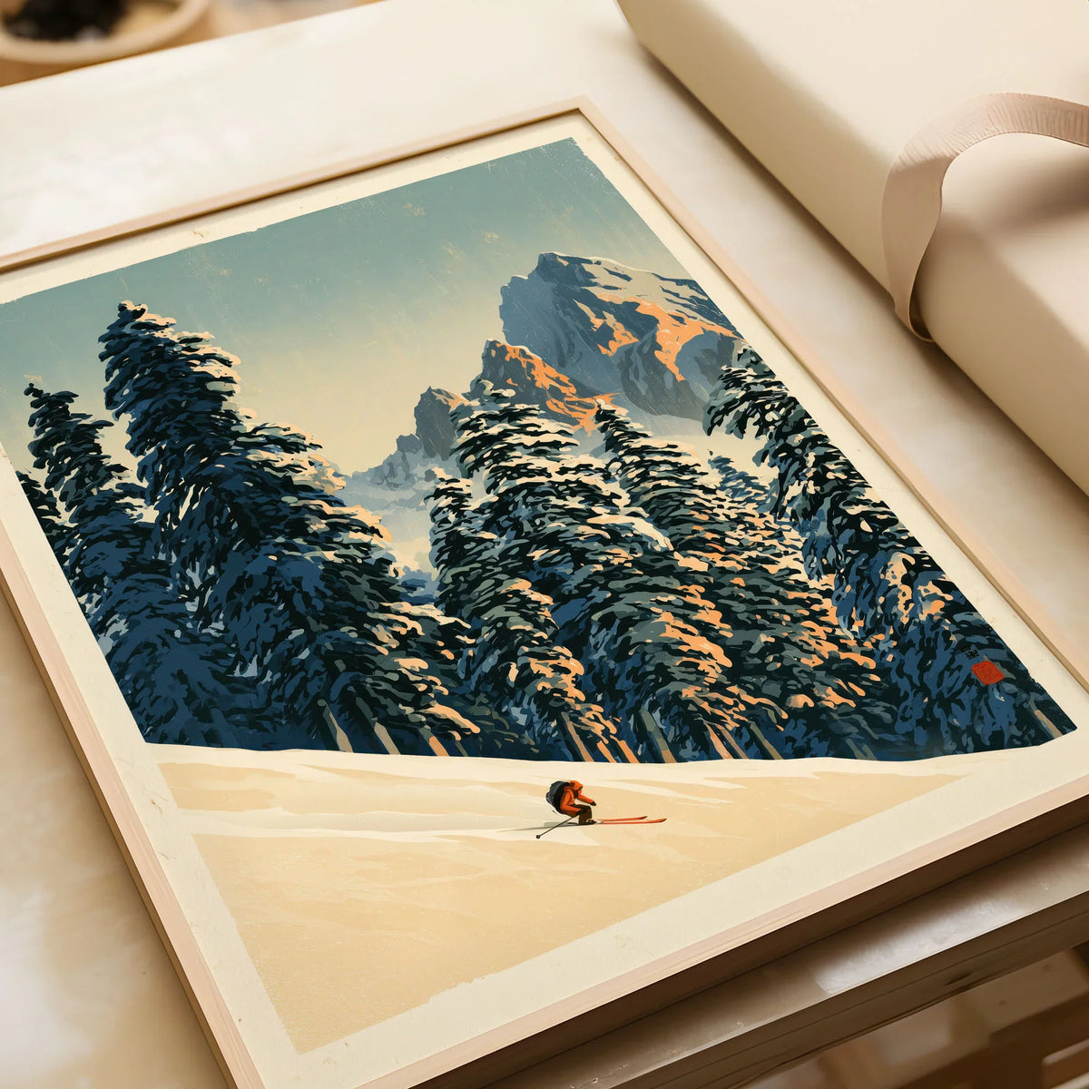 Ski Run Art Print – Vintage Alpine Forest Wall Art — framed art print closeup gift unwrapped natural frame
