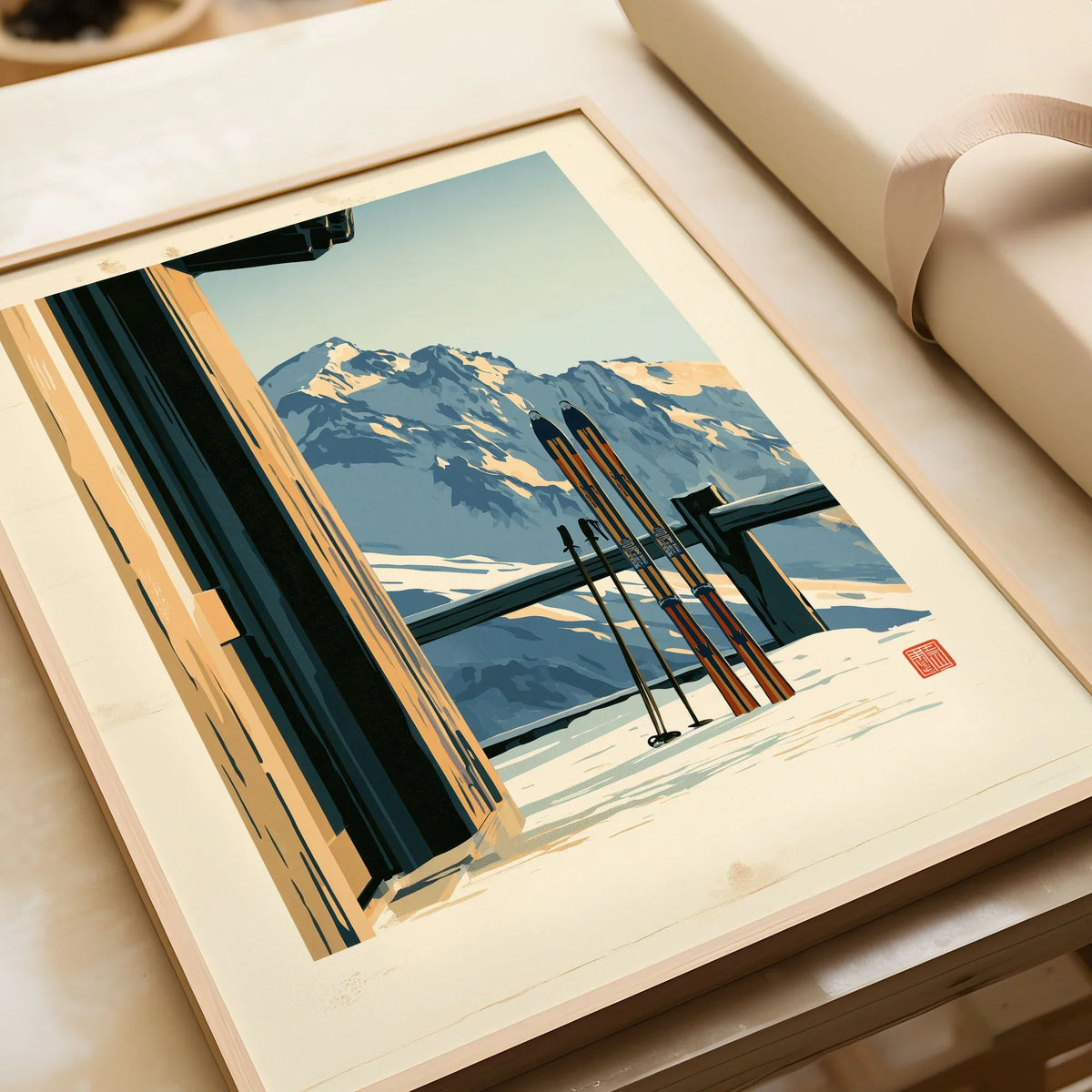 Chalet Ski Poster – Vintage Alpine Balcony Wall Art — framed art print closeup gift unwrapped natural frame