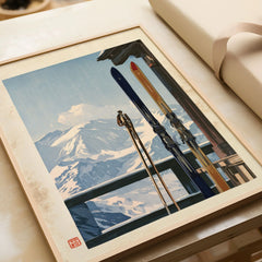 Vintage Skis Art Print – Alpine Chalet Balcony Wall Art — framed art print closeup gift unwrapped natural frame