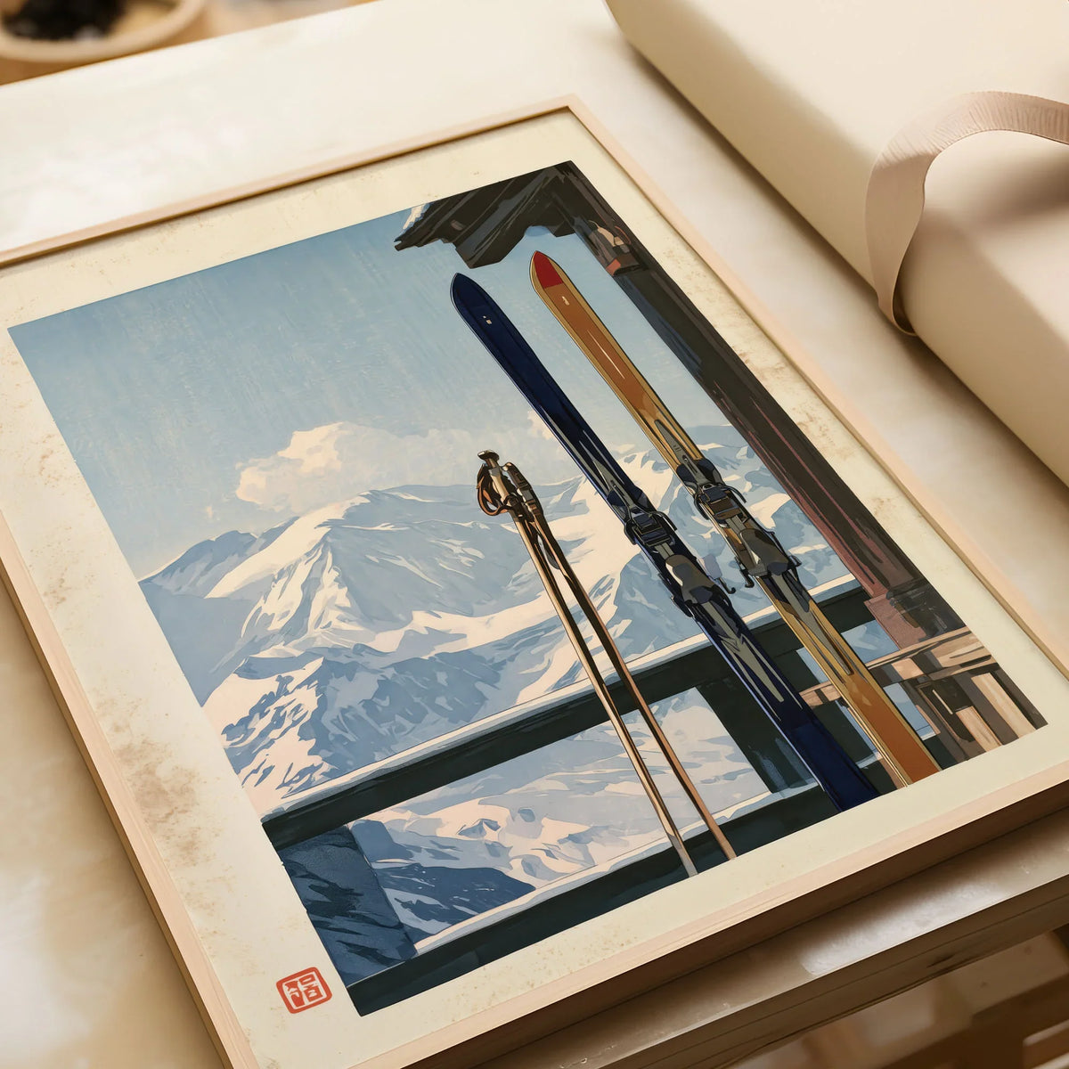 Vintage Skis Art Print – Alpine Chalet Balcony Wall Art — framed art print closeup gift unwrapped natural frame