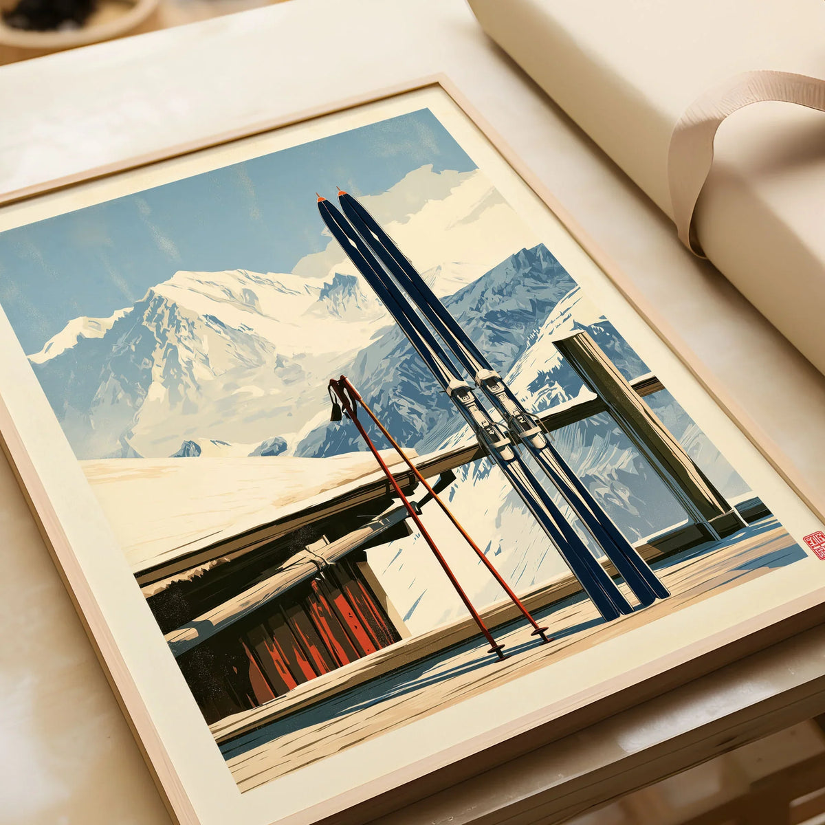 Retro Ski Poster – Vintage Skis Alpine Wall Art — framed art print closeup gift unwrapped natural frame