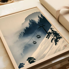 Ski Lift in Mist Print – Vintage Alpine Wall Art — framed art print closeup gift unwrapped natural frame