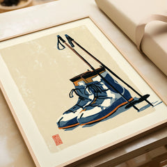Vintage Ski Boots Art Print – Retro Ski Poster Wall Art — framed art print closeup gift unwrapped natural frame