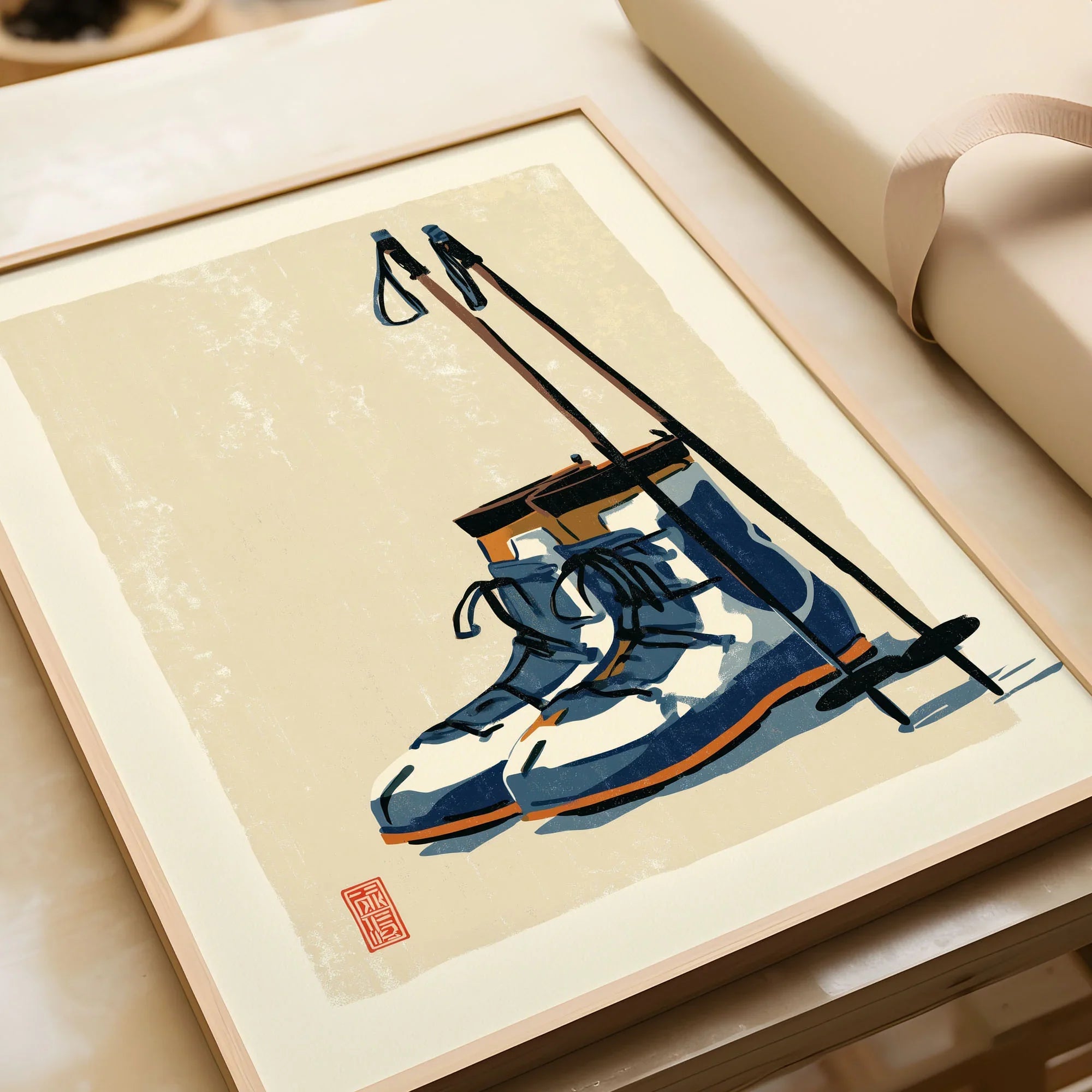 Vintage Ski Boots Art Print – Retro Ski Poster Wall Art — framed art print closeup gift unwrapped natural frame