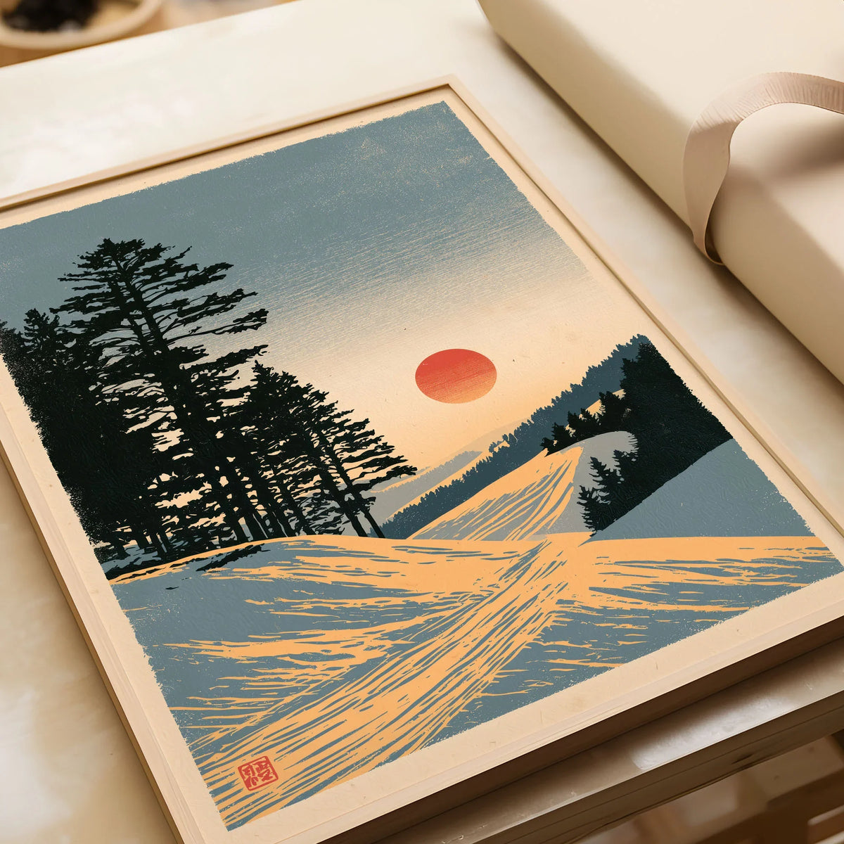 Ski Sunset Poster – Vintage Japanese Alpine Wall Art — framed art print closeup gift unwrapped natural frame