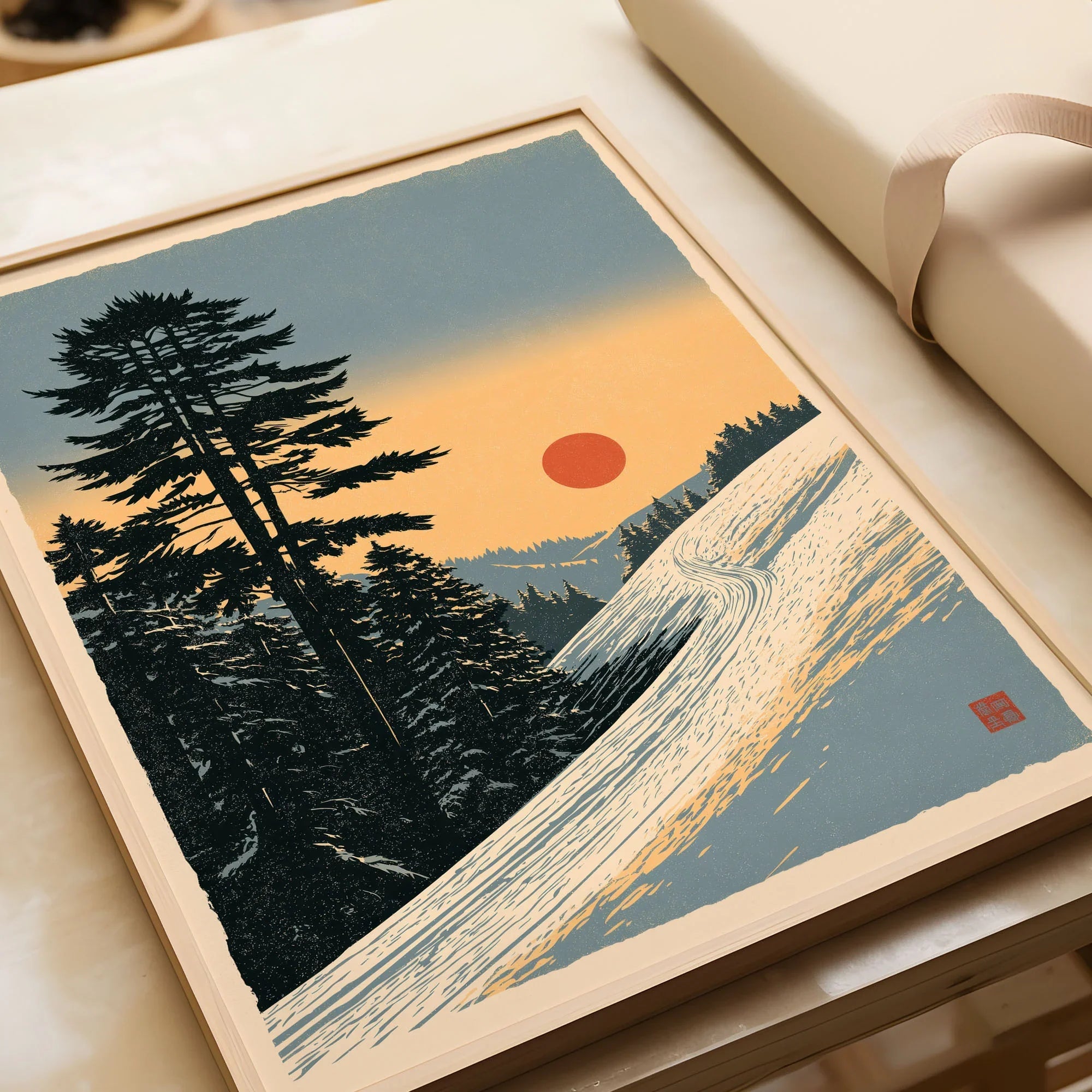 Winter Sunset Ski Print – Vintage Alpine Wall Art — framed art print closeup gift unwrapped natural frame